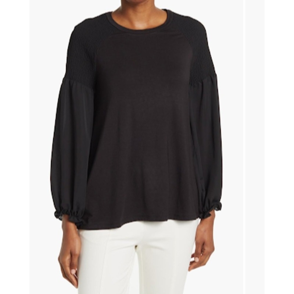 Ellen Tracy Blouse Women Medium Black New Smocked Bishop Sleeve‎ Mixed Media Top